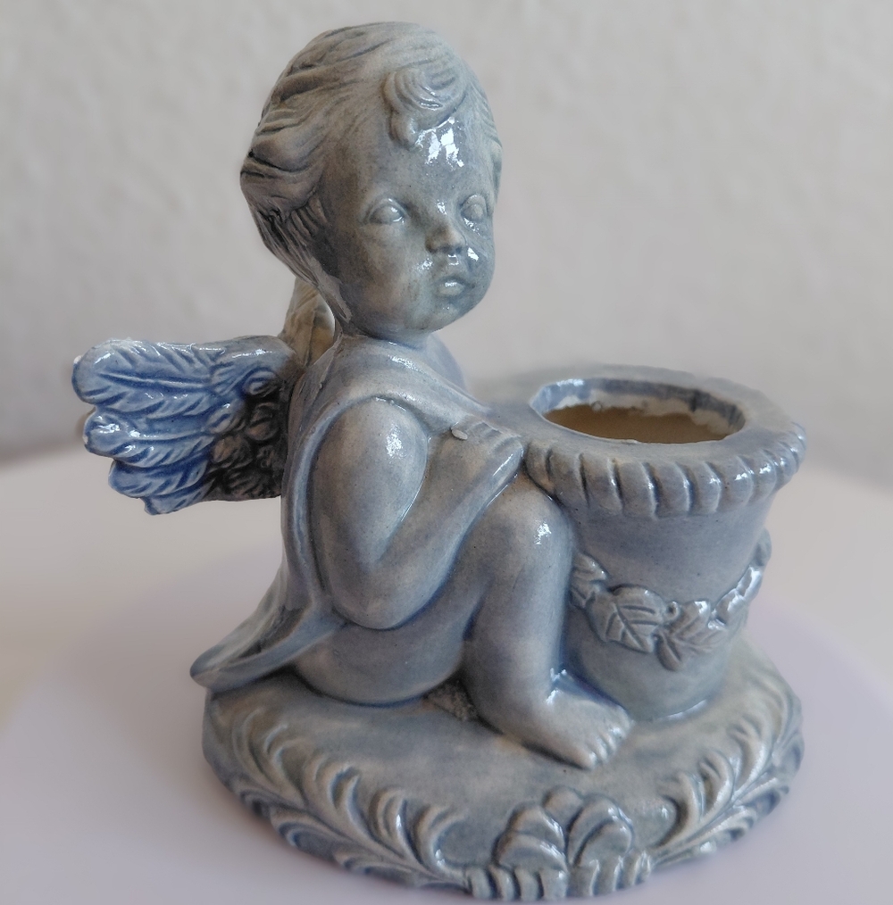 Vtg Scioto Ceramic 1994 Sky Blue Glszed Ceramic Cherub Planter Candle Holder